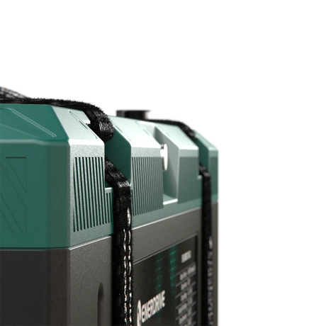 Enerdrive 300Ah 12V B-TEC ULTRA G3 lithium battery side close up of the ribbed green case and securing strap.