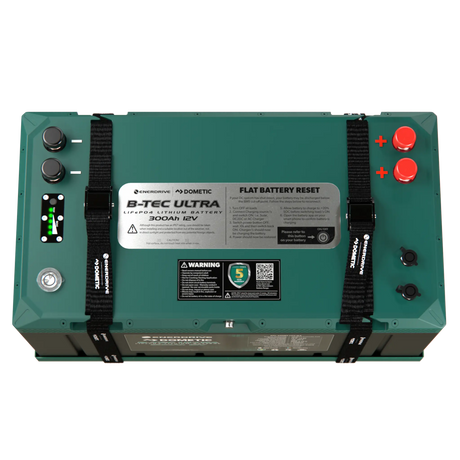 Enerdrive 300Ah 12V B-TEC ULTRA G3 lithium battery top view with positive and negative terminals and a charge indicator.