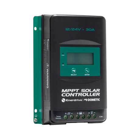 Enerdrive 30A 12/24V MPPT solar controller with its terminal cover removed and the display unlit.