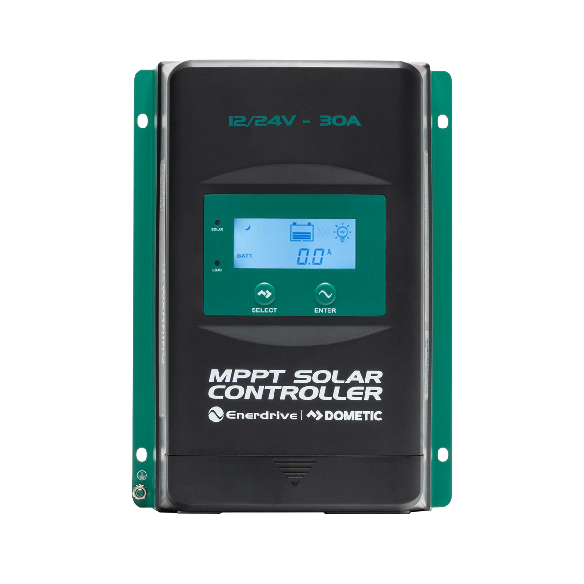Enerdrive 30A 12/24V MPPT solar controller front view with an illuminated screen and two buttons below it.