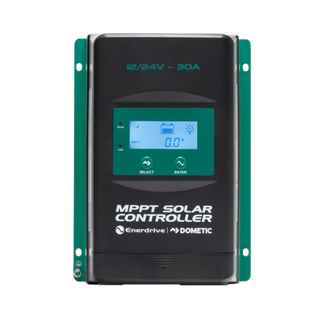 Enerdrive 30A 12/24V MPPT solar controller front view with an illuminated screen and two buttons below it.
