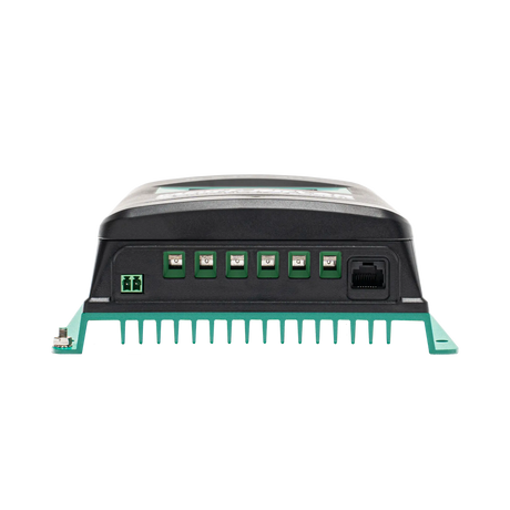 Enerdrive 30A 12/24V MPPT solar controller bottom view with six screw terminals, a data port and cooling fins.