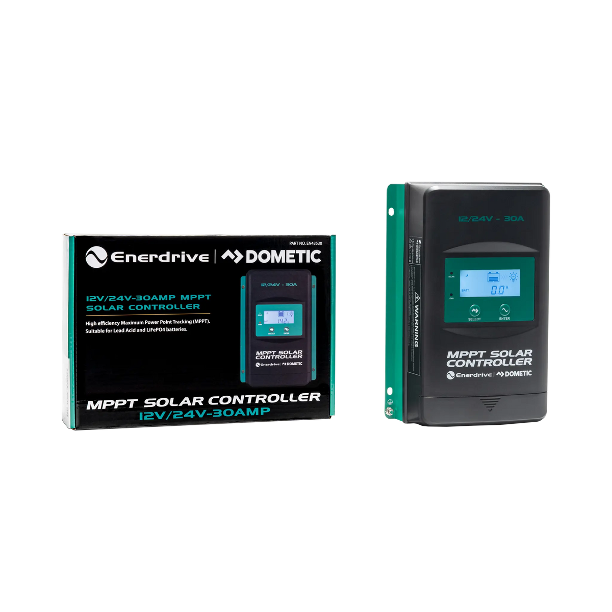 Enerdrive 30A 12/24V MPPT solar controller in an angled view beside its labelled retail box.