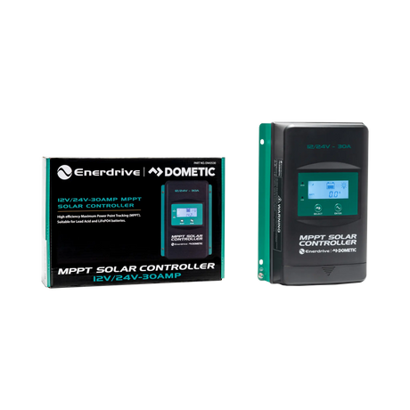 Enerdrive 30A 12/24V MPPT solar controller in an angled view beside its labelled retail box.