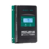 Enerdrive 30A 12/24V MPPT solar controller front left view with an illuminated display and green mounting plate.