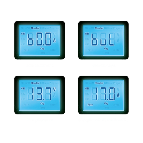 Enerdrive 30A 24V ePOWER battery charger four LCD examples showing voltage and current readings.