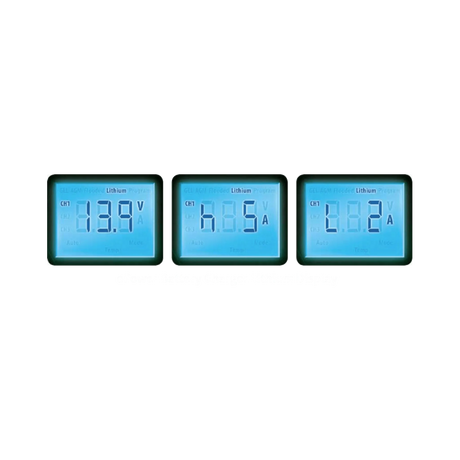 Enerdrive 30A 24V ePOWER battery charger three LCD examples showing voltage and current readings.