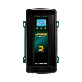 Enerdrive 30A 24V ePOWER battery charger front view with LCD display and three bank charging label.