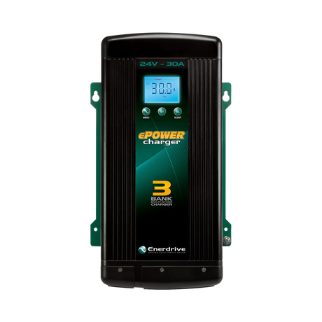 Enerdrive 30A 24V ePOWER battery charger front view with LCD display and three bank charging label.
