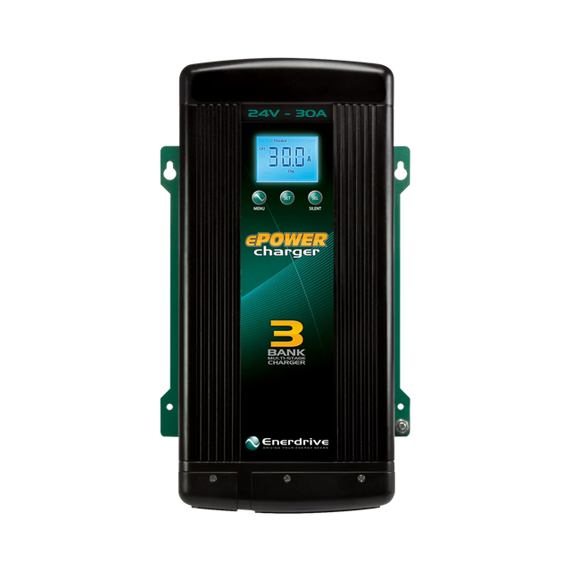 Enerdrive 30A 24V ePOWER battery charger front view with LCD display and three bank charging label.