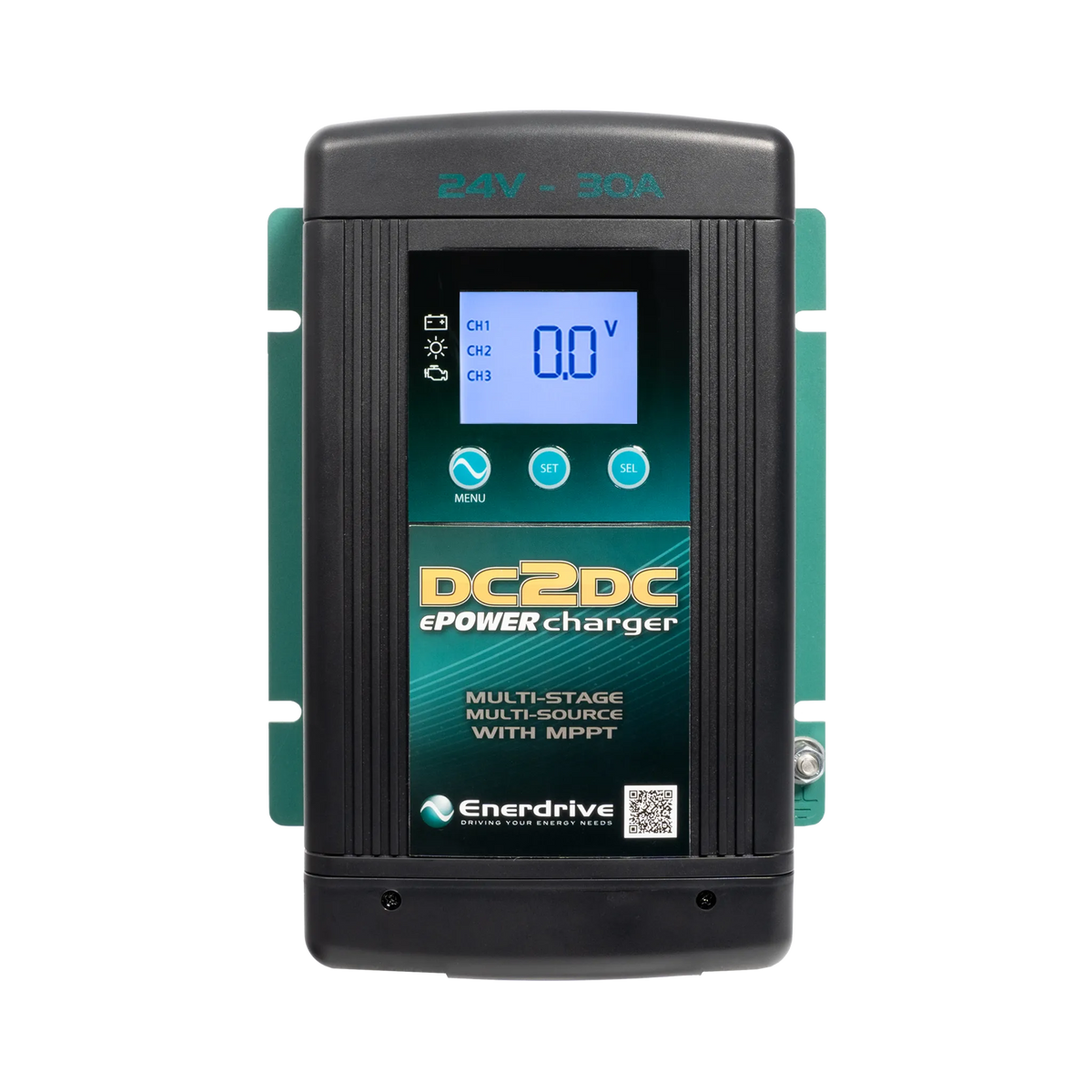 Enerdrive 30A 24V DCDC battery charger front view with a blue display and three control buttons.