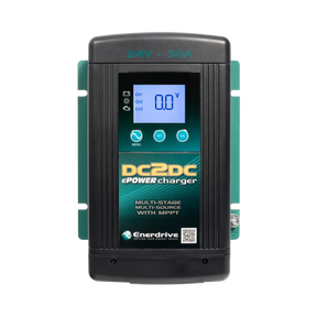 Enerdrive 30A 24V DCDC battery charger front view with a blue display and three control buttons.