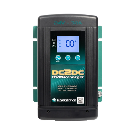 Enerdrive 30A 24V DCDC battery charger front view with a blue display and three control buttons.