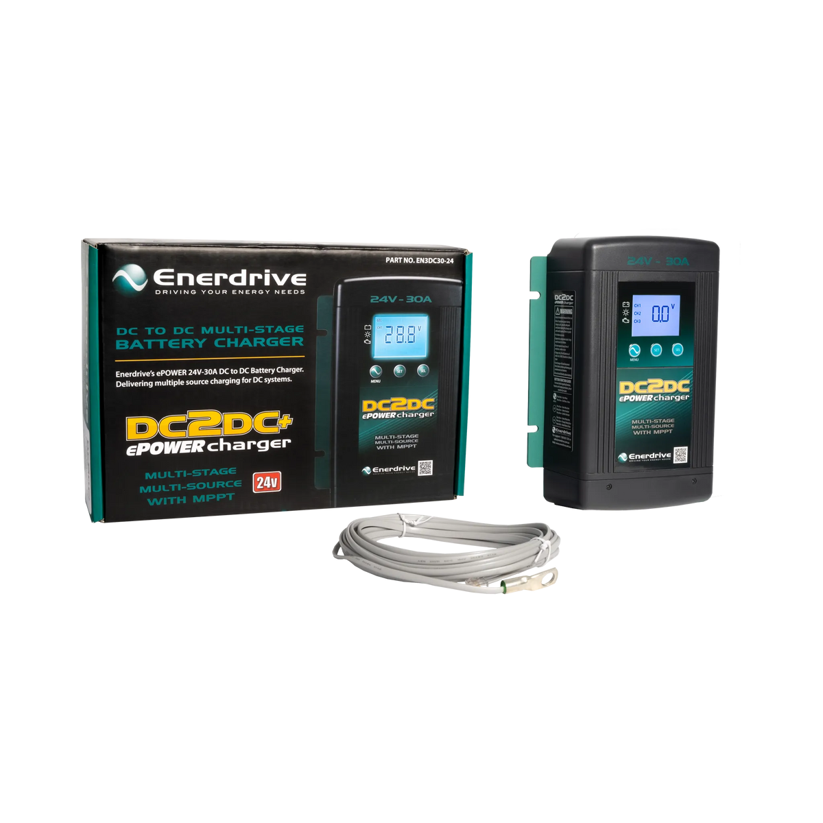Enerdrive 30A 24V DCDC battery charger beside its retail box and a coiled grey cable.