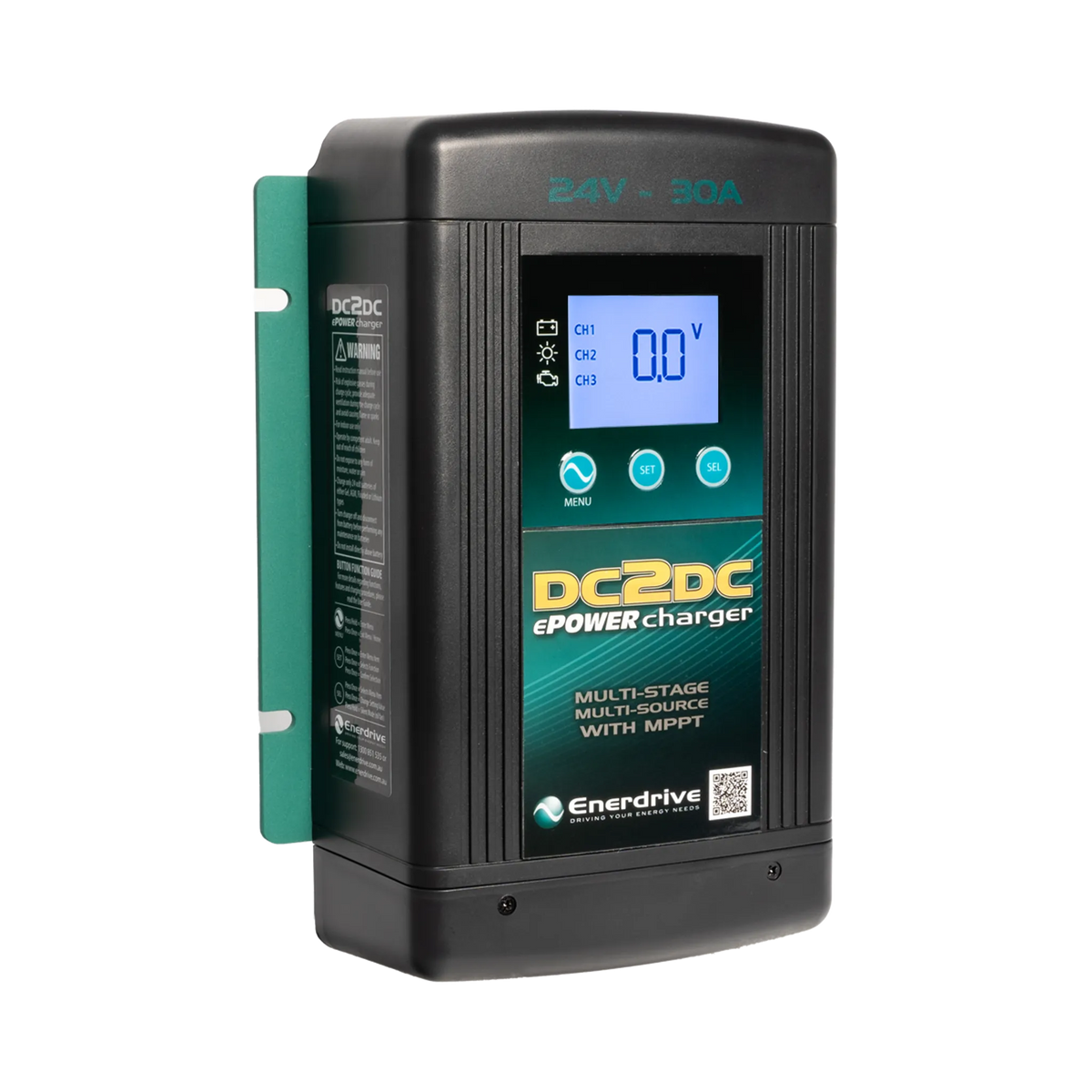 Enerdrive 30A 24V DCDC battery charger in a front left view with the side warning label visible.
