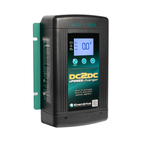 Enerdrive 30A 24V DCDC battery charger in a front left view with the side warning label visible.