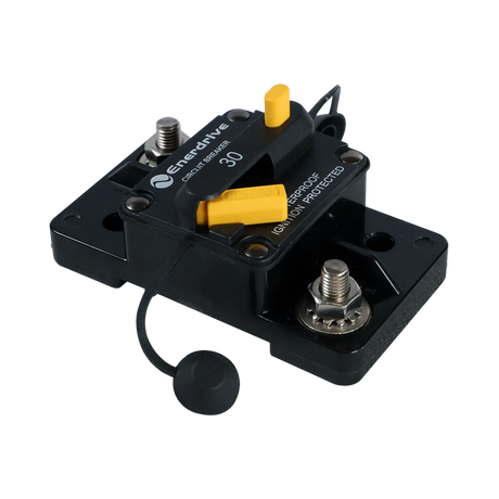 Enerdrive 30A surface mount circuit breaker angled view showing the mounting base, studs and yellow controls.