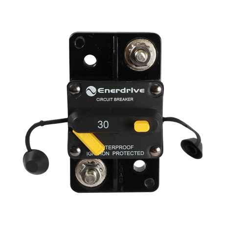 Enerdrive 30A surface mount circuit breaker front view with exposed 5/16 studs and yellow reset controls.