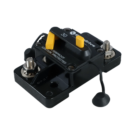 Enerdrive 30A surface mount circuit breaker opposite angled view showing the black housing and tethered stud caps.