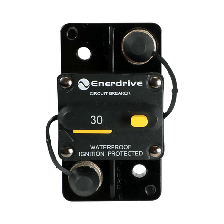 Enerdrive 30A surface mount circuit breaker front view with black caps covering both 5/16 studs.
