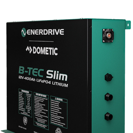 Enerdrive 400Ah B-TEC Slim lithium battery front-right view with side terminals.