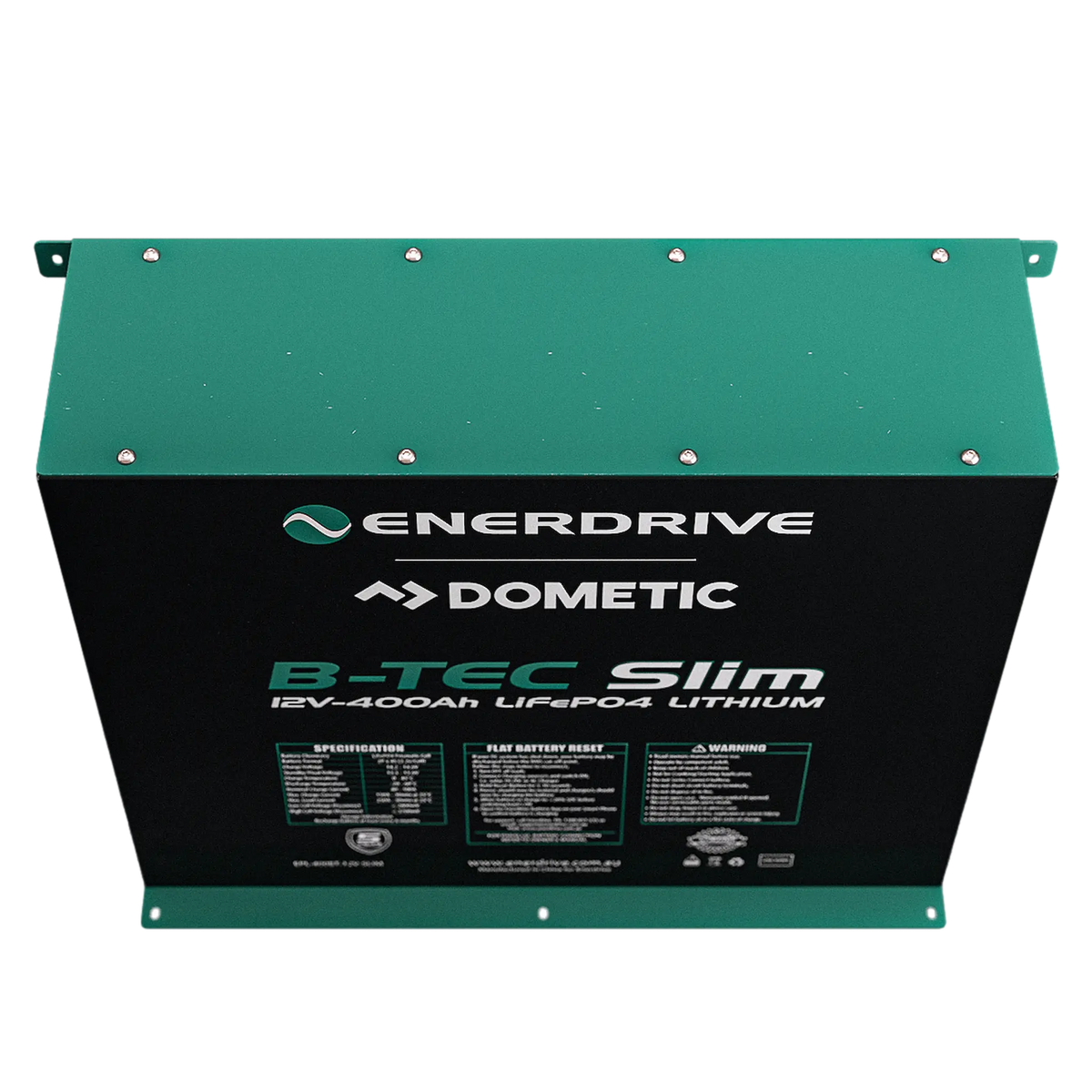Enerdrive 400Ah B-TEC Slim lithium battery front-top view with mounting flanges.