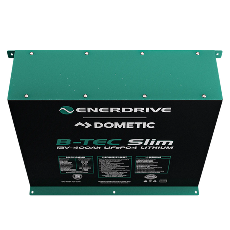 Enerdrive 400Ah B-TEC Slim lithium battery front-top view with mounting flanges.