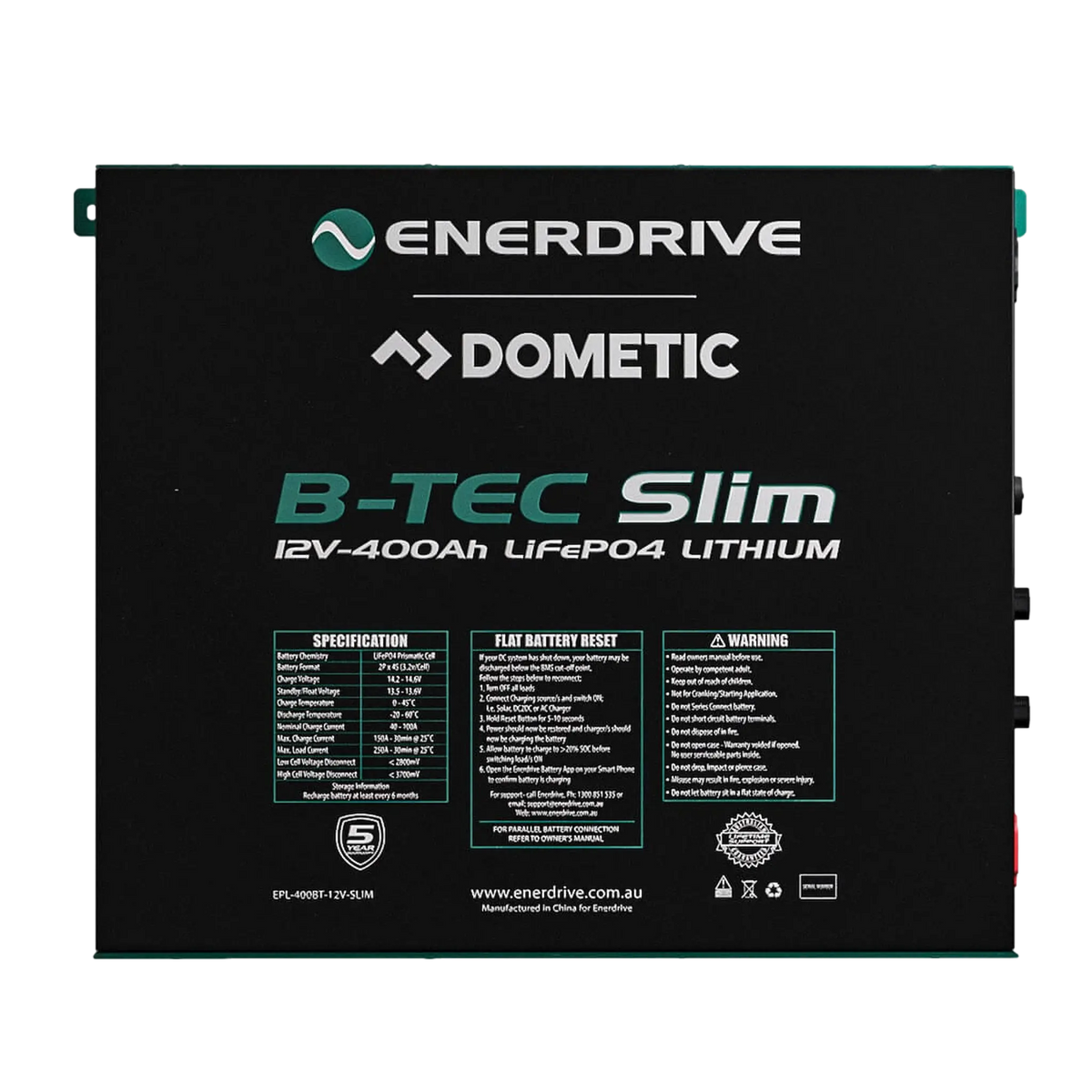 Enerdrive 400Ah B-TEC Slim lithium battery straight front view with label panel.