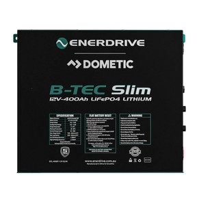 Enerdrive 400Ah B-TEC Slim lithium battery straight front view with label panel.