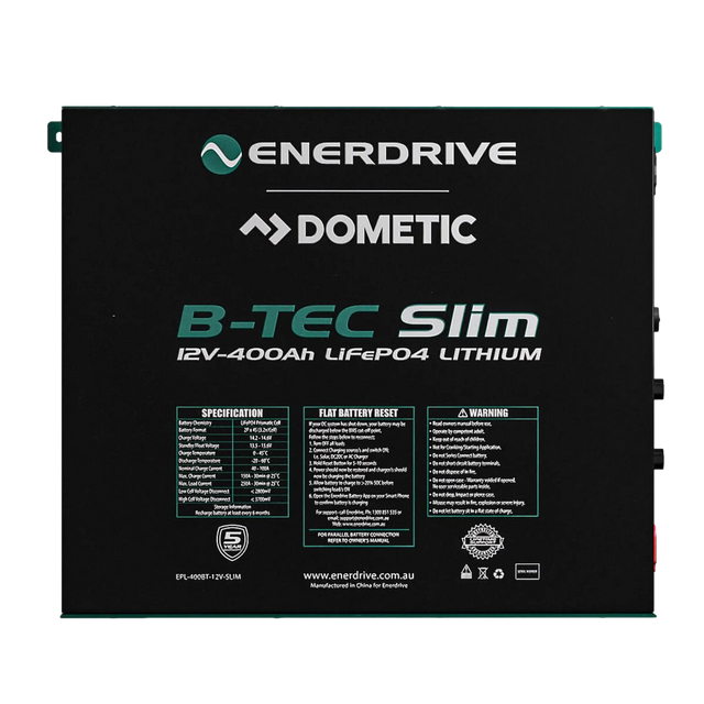 Enerdrive 400Ah B-TEC Slim lithium battery straight front view with label panel.