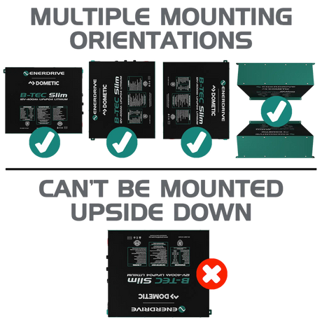 Enerdrive 400Ah B-TEC Slim lithium battery mounting orientation guide.