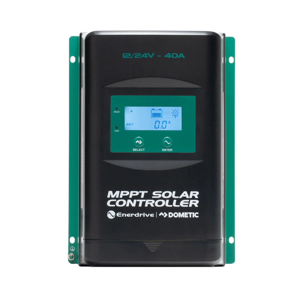 Enerdrive 40A 12/24V MPPT solar controller front view with an illuminated screen and two buttons below it.