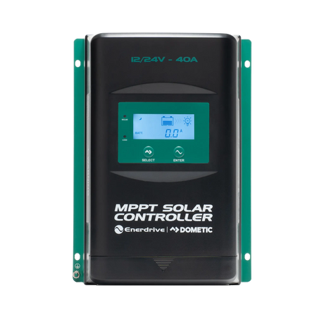 Enerdrive 40A 12/24V MPPT solar controller front view with an illuminated screen and two buttons below it.
