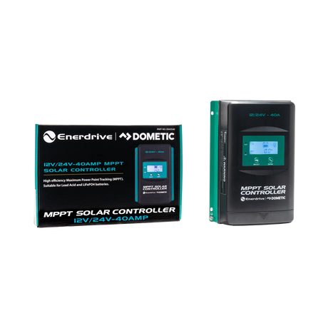Enerdrive 40A 12/24V MPPT solar controller in an angled view beside its labelled retail box.