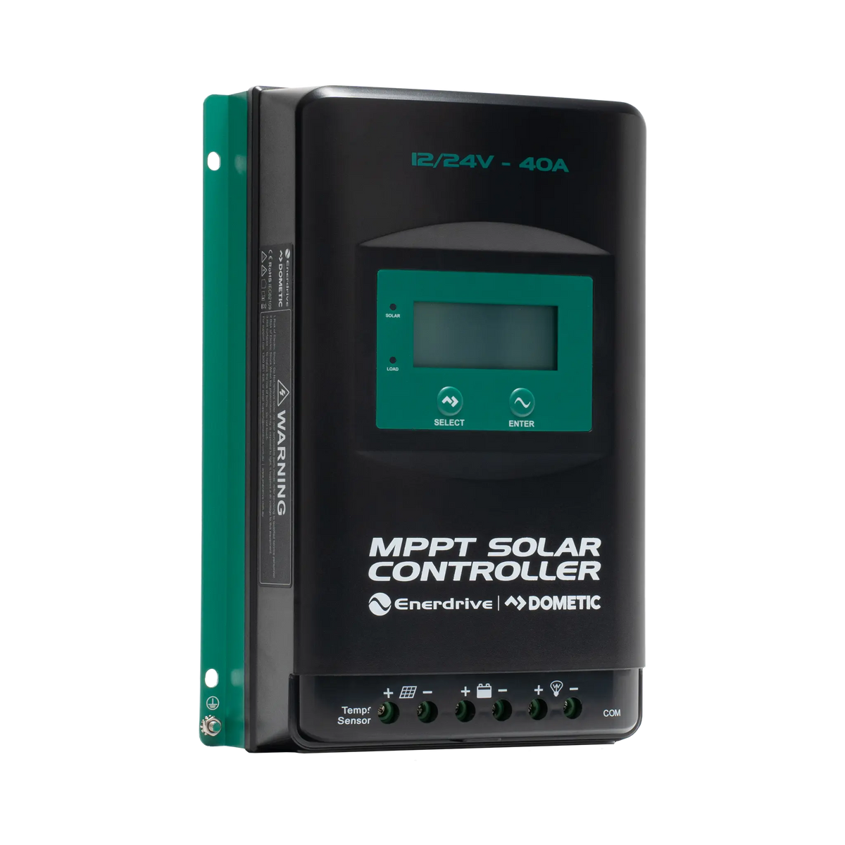 Enerdrive 40A 12/24V MPPT solar controller with its terminal cover removed and the display unlit.