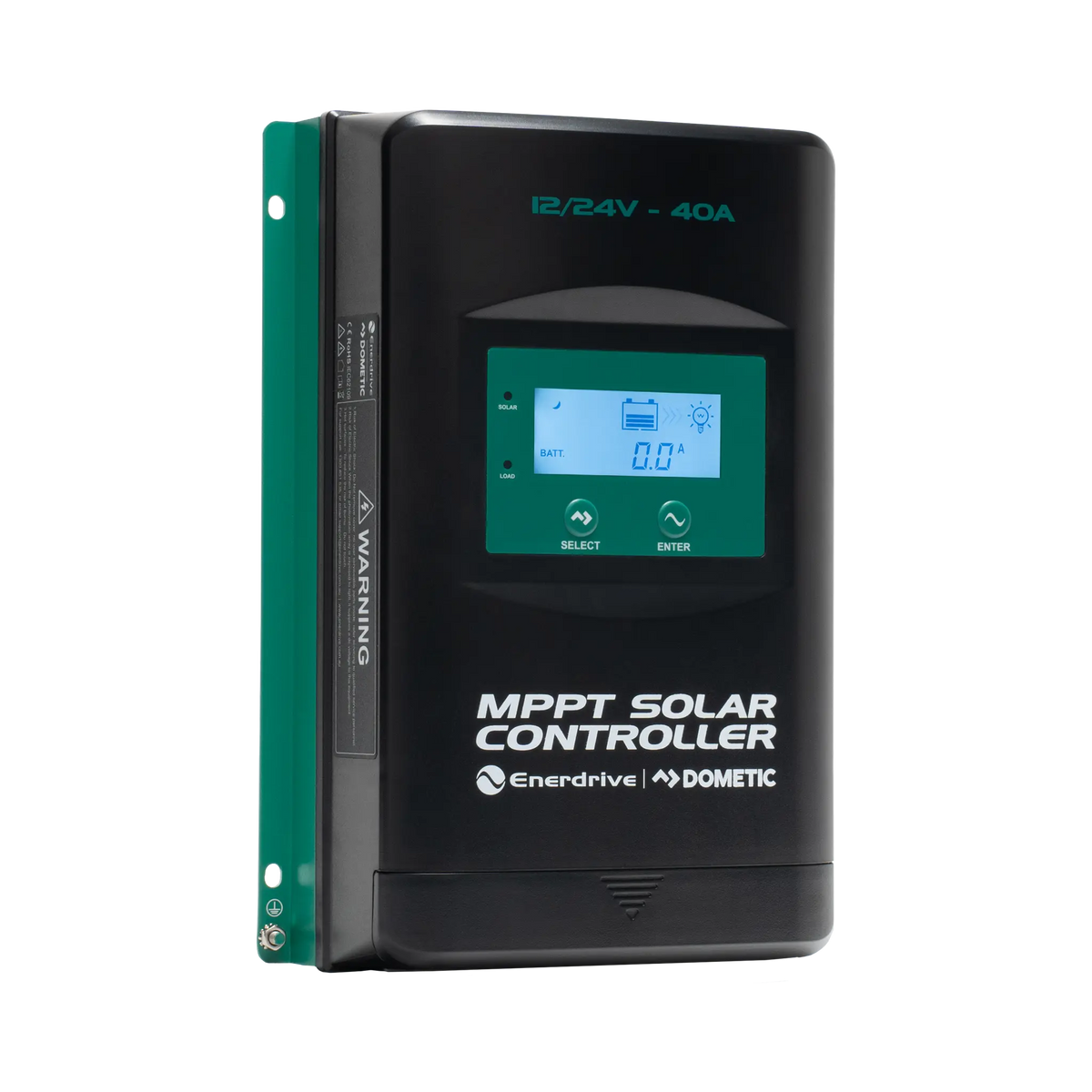 Enerdrive 40A 12/24V MPPT solar controller front left view with an illuminated display and green mounting plate.