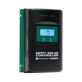 Enerdrive 40A 12/24V MPPT solar controller front left view with an illuminated display and green mounting plate.