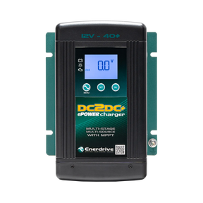 Enerdrive 40A 12V DCDC battery charger front view with a blue display and green mounting plate.