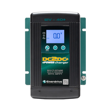 Enerdrive 40A 12V DCDC battery charger front view with a blue display and green mounting plate.