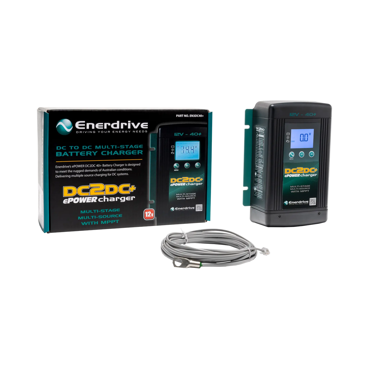 Enerdrive 40A 12V DCDC battery charger with its retail box and coiled grey cable.