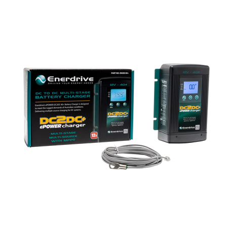 Enerdrive 40A 12V DCDC battery charger with its retail box and coiled grey cable.