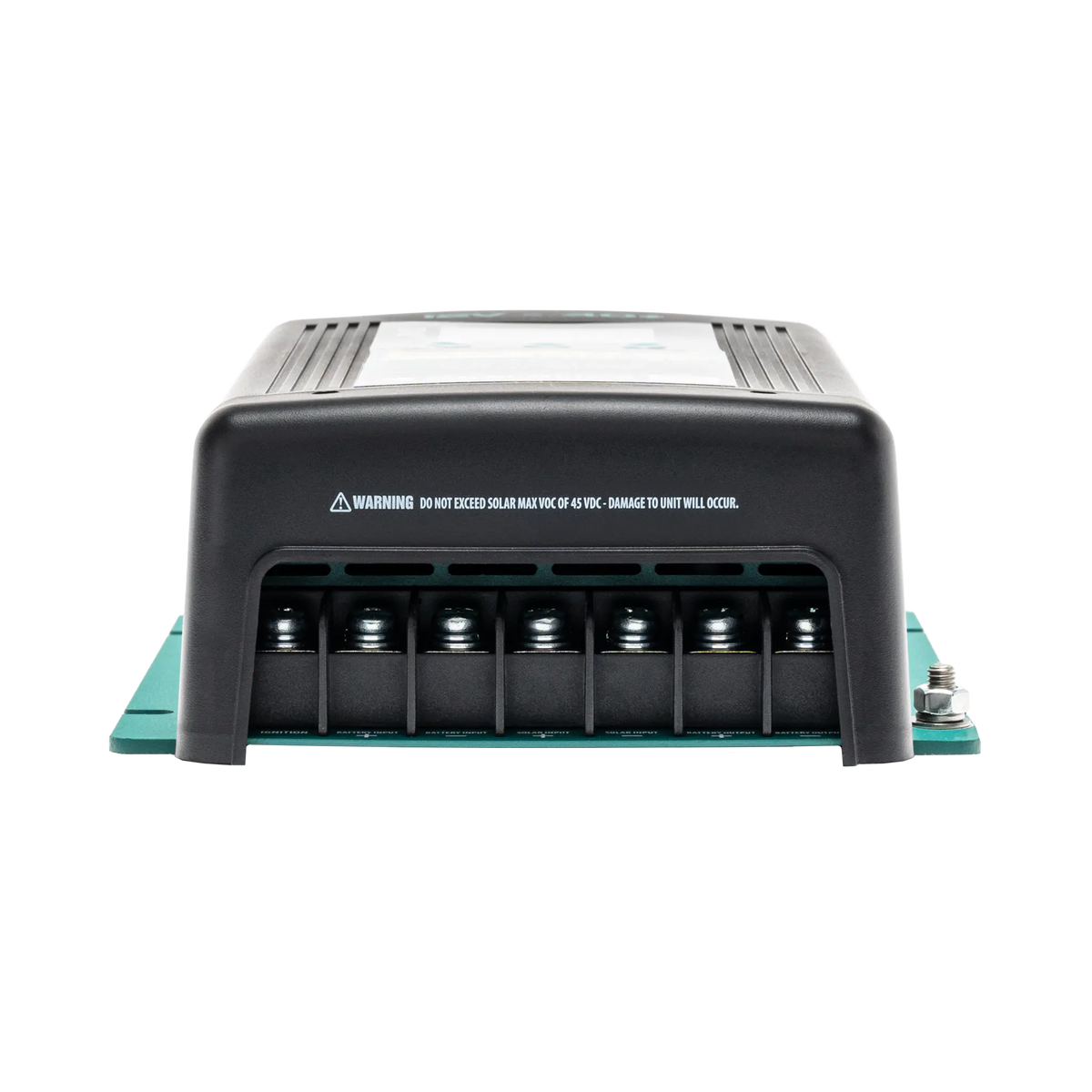 Enerdrive 40A 12V DCDC battery charger bottom view with screw terminals beneath the black cover.