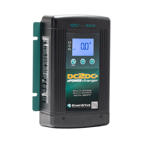 Enerdrive 40A 12V DCDC battery charger in a front left view with a ribbed case and side label.