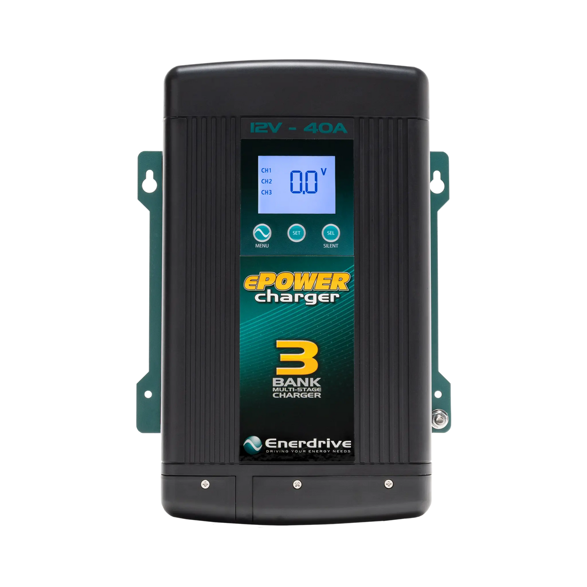 Enerdrive 40A 12V ePOWER battery charger front view with a backlit display and three control buttons.
