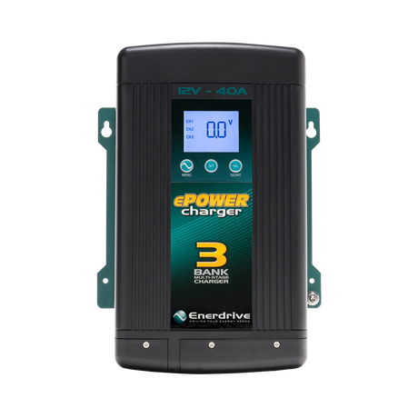 Enerdrive 40A 12V ePOWER battery charger front view with a backlit display and three control buttons.