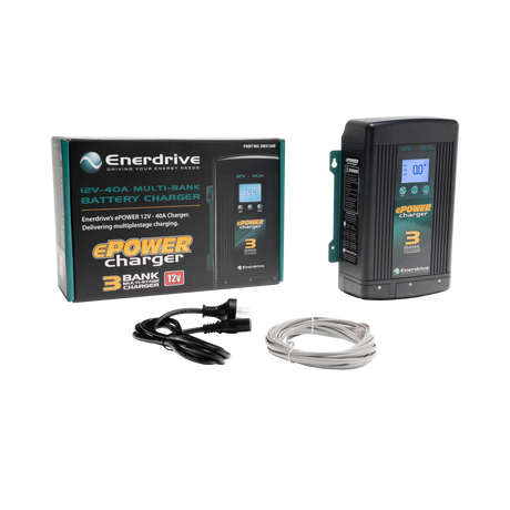 Enerdrive 40A 12V ePOWER battery charger beside its box, black power cord and coiled grey cable.