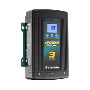 Enerdrive 40A 12V ePOWER battery charger in a front left view with its side label and digital display visible.