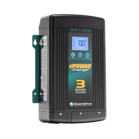Enerdrive 40A 12V ePOWER battery charger in a front left view with its side label and digital display visible.