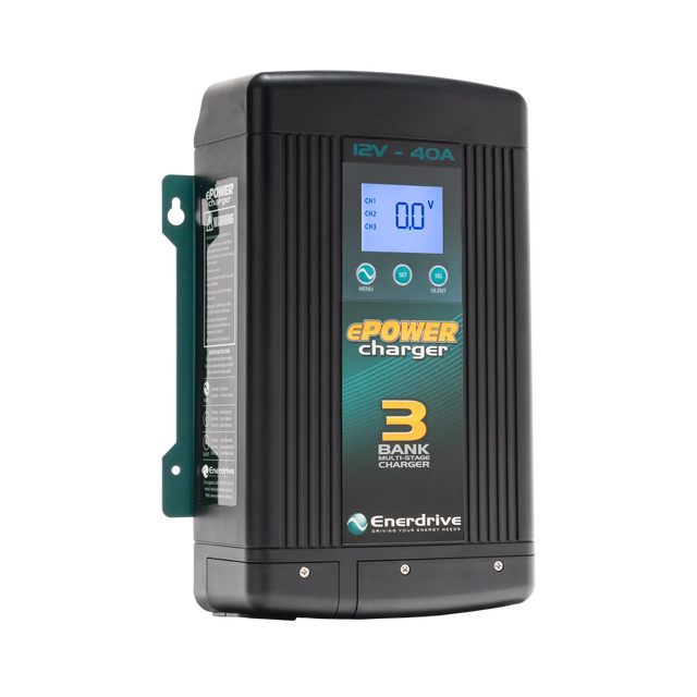 Enerdrive 40A 12V ePOWER battery charger in a front left view with its side label and digital display visible.