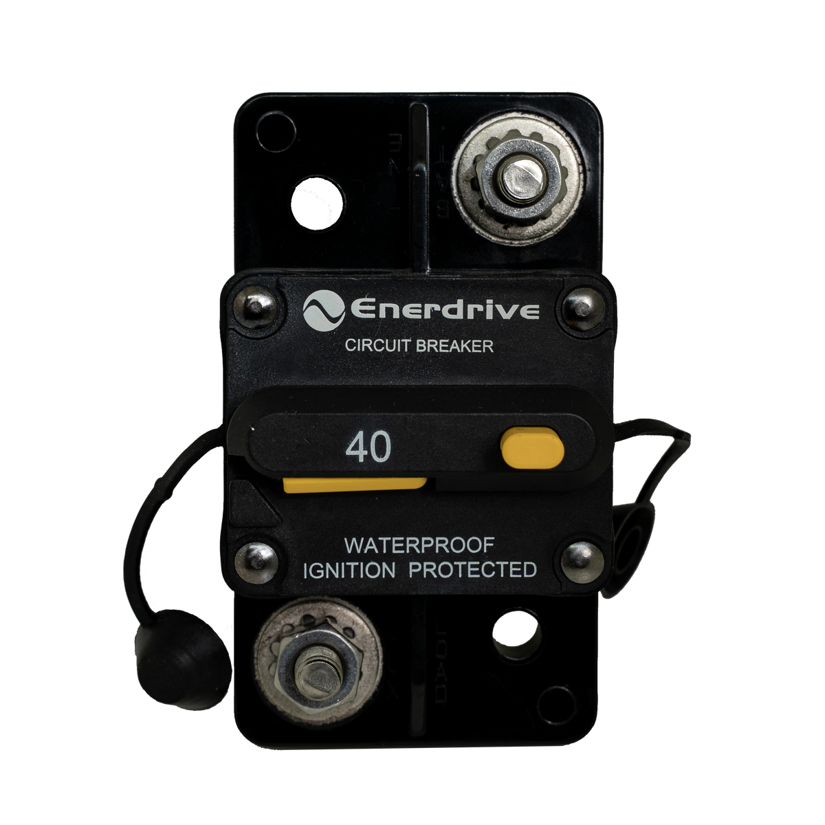 Enerdrive 40A surface mount circuit breaker front view with two 5/16-inch studs and yellow reset switch.